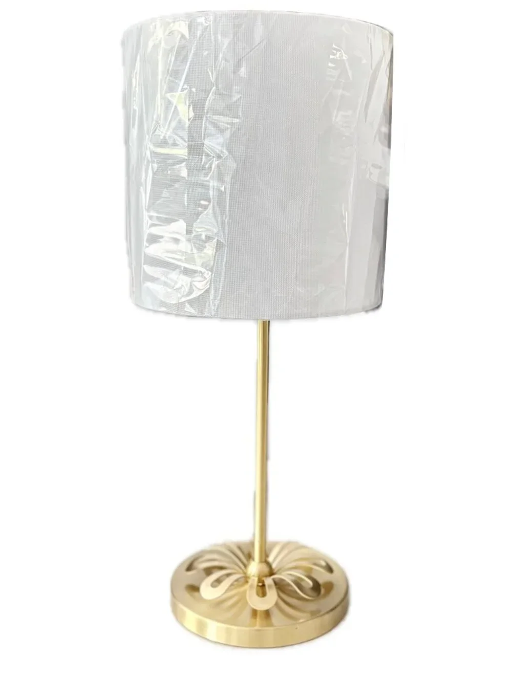 Kate Spade Table Lamp Brushed Brass Metal White Barrel Shade Flower Design NEW